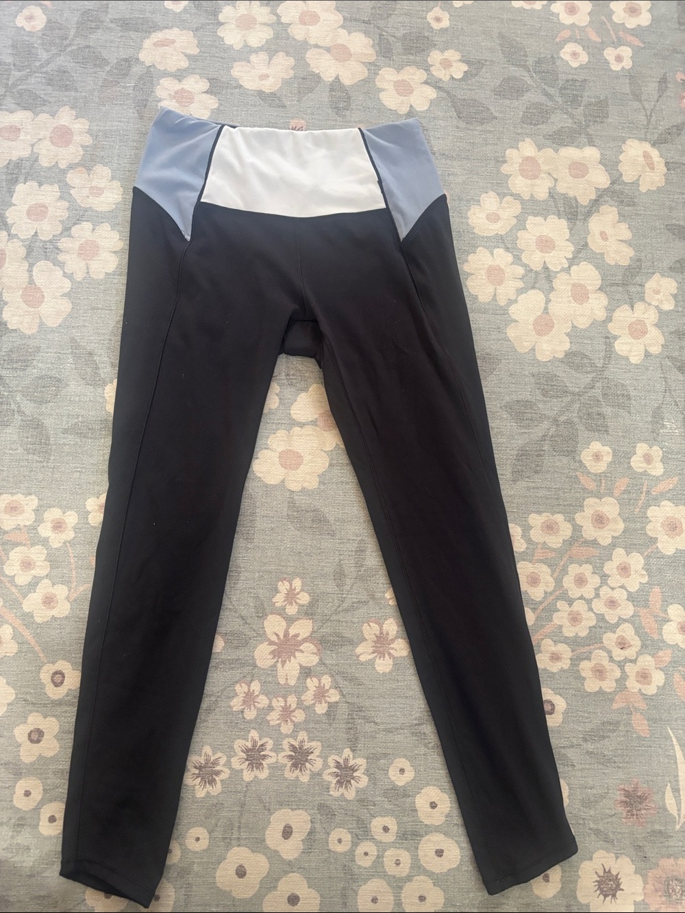 CALIA cropped Black Leggings with Light Blue and White Waistband